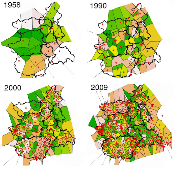 Grafici: Tassellatura di Voronoi ricavata a partire dalle localizzazioni delle stazioni termometriche