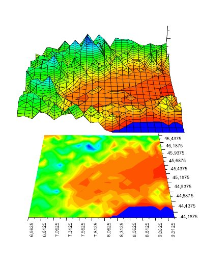 Mappa: Rappresentazione tridimensionale (in alto) e tramite isoterme (in basso) della temperatura media annua media nel periodo 1957-2009 sul Piemonte e Val d'Aosta