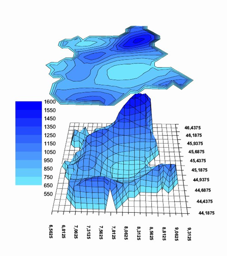 Mappa: Rappresentazione tridimensionale (in basso) e tramite isoiete (in alto) della precipitazione cumulata annua media nel periodo 1957-2009 sul Piemonte e Val d'Aosta