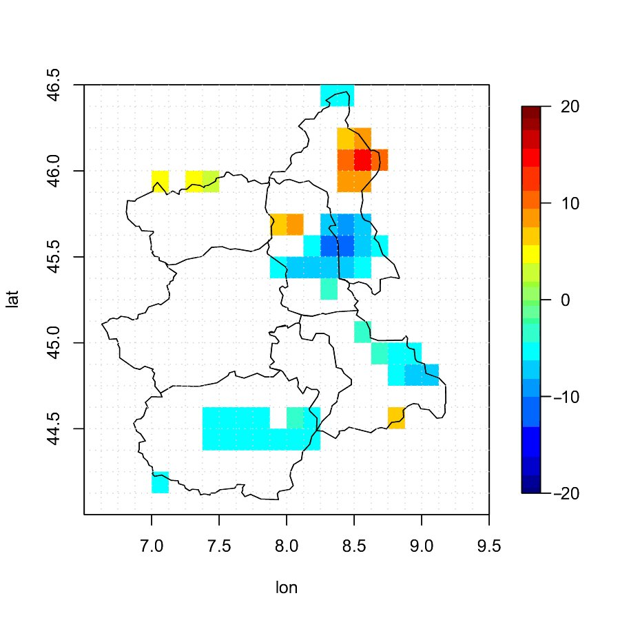 Grafico: Trend espresso in mm/anno della precipitazione cumulata annua su ciascun punto griglia della regione