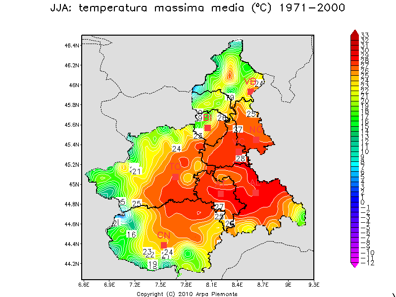 JJA: temperatura massima annua media 1971-2000